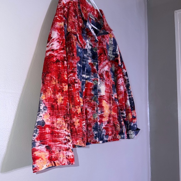 Vintage Chico's 100% Cotton Jacket with Abstract Floral Print in Red And BlueSz3 - Picture 2 of 8